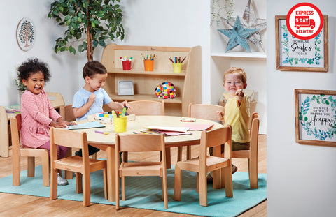 Large Circular Table + 8 Beech Stacking Chairs